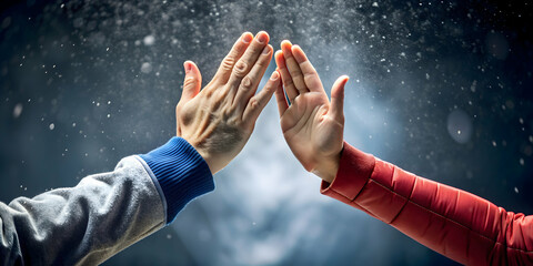 Slow-motion high-five between two hands frozen in time, high five, frozen, movement, motion, hands, teamwork