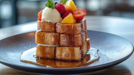 Poster - A beautifully plated honey toast stacked high with crispy bread, drizzled with golden honey, and topped with fresh fruits and a scoop of vanilla ice cream, showcasing a delightful dessert.