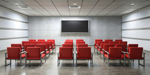 Wall Mural - render of a hall with red chairs and lcd tv, hall, red, chairs, lcd, tv, technology, modern, interior, design, room