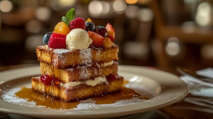 Poster - A beautifully plated honey toast stacked high with crispy bread, drizzled with golden honey, and topped with fresh fruits and a scoop of vanilla ice cream, showcasing a delightful dessert.