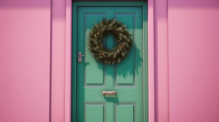 Wall Mural - Christmas wreath with Christmas ornaments on a light magenta door