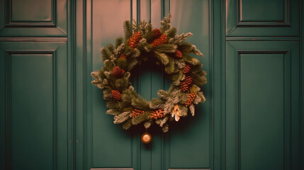 Wall Mural - Christmas wreath with Christmas ornaments on a vivid brown door