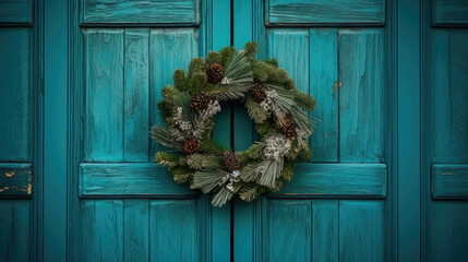 Wall Mural - Christmas wreath with Christmas ornaments on a vivid blue door