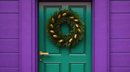 Wall Mural - Christmas wreath with Christmas ornaments on a vivid purple door