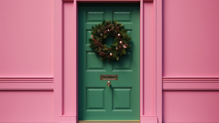 Wall Mural - Christmas wreath with Christmas ornaments on a vivid pink door