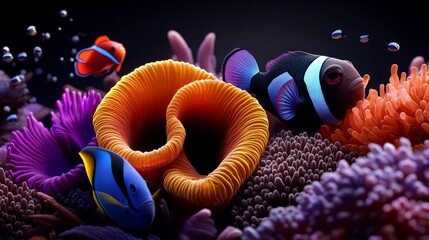 Clownfish Harmony in Vibrant Coral Reef: A mesmerizing underwater tableau featuring three clownfish swimming amidst a vibrant coral reef.