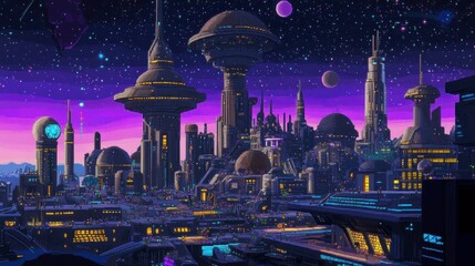 Sticker - Futuristic Cityscape with Glowing Towers and Stars