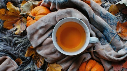 Wall Mural - A cup of tea on top of an old brown blanket