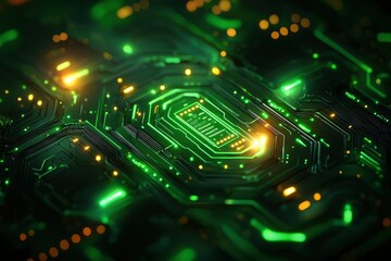 Wall Mural - Glowing Green and Orange Circuit Board with Illuminated Microchip