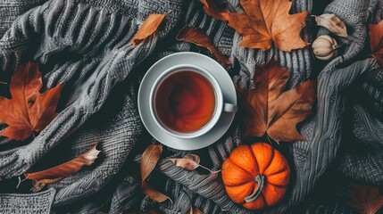 Wall Mural - A cup of tea, surrounded by autumn leaves and pumpkins