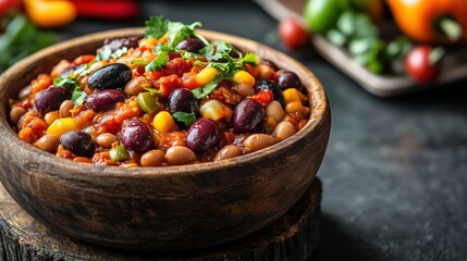 Wall Mural - A close-up of a bowl of chili with beans, corn, and peppers.