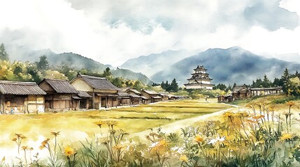 Wall Mural - Watercolor Painting of a Japanese Village with a Castle in the Background.