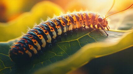 Poster - A caterpillar crawling on a sunlit leaf, the focus on the intricate patterns and vibrant colors of both the insect and the leaf. A close-up shot in natural light.