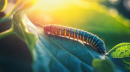 Poster - A caterpillar crawling on a sunlit leaf, the focus on the intricate patterns and vibrant colors of both the insect and the leaf. A close-up shot in natural light.