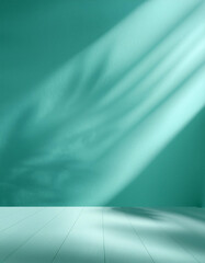 Wall Mural - abstract turquoise studio background for product presentation. empty blue room with shadows of windo