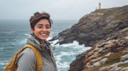 Smiling woman hiking along a rocky coastal path near a lighthouse