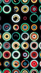 Poster - Abstract futuristic background with moving small circles placed in many horizontal parallel rows. Animation. Many moving rings on black background, seamless loop.