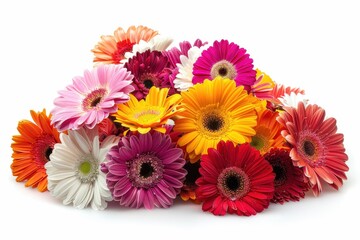 Wall Mural - Arrange vibrant Gerber daisies in a pile set against a white background