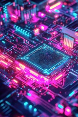 Poster - Futuristic Neon Circuit Board Design with Computer Chip