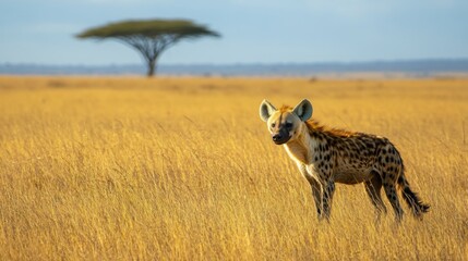 a spotted hyena stands in a tall grass savanna with a lone acacia tree in the background.