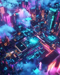 Poster - Futuristic Cityscape with Neon Lights and Computer Chips