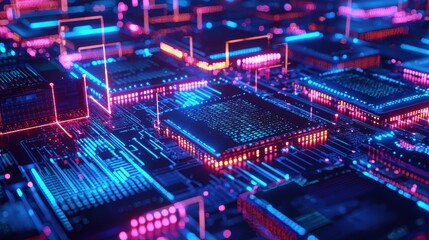 Poster - Futuristic Digital Circuit with Glowing Chips and Colors