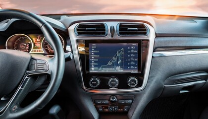Closeup of car automobile interior with multimedia display screen and radio.