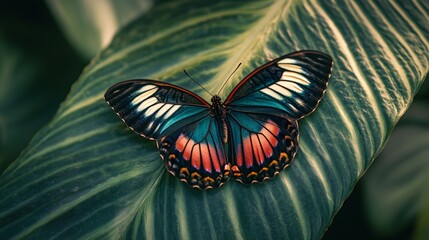 Aufkleber - A close-up of a butterfly resting on a large tropical leaf, its colorful wings spread open, with the leaf's textured surface providing a rich contrast.
