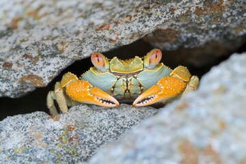 Wall Mural - A Close-Up of a Yellow and Green Crab Peeking Out From a Crack in Rocks