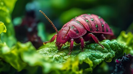 Poster - Close-Up Macro Photography of a Red Spotted Insect on a Green Leaf