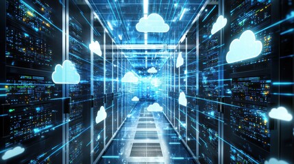Poster - High-Tech Data Center with Rows of Servers