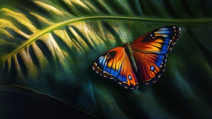 Aufkleber - A close-up of a butterfly resting on a large tropical leaf, its colorful wings spread open, with the leaf's textured surface providing a rich contrast.