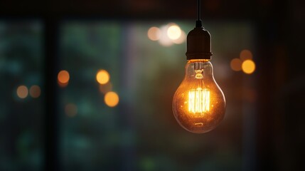 Poster - A close-up of a glowing incandescent light bulb hanging from a wire in a dimly lit room, casting warm light and creating a cozy atmosphere for relaxation.