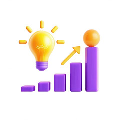 Aufkleber - A 3D rendered image depicting a light bulb, a rising graph, and spheres, symbolizing innovation and growth. Colorful and modern design with purple and yellow elements.