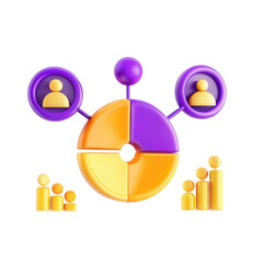 Aufkleber - A colorful 3D pie chart with figures representing data, showcasing community statistics in a modern design. Bright purple and yellow colors dominate.