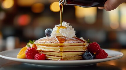 Aufkleber - A close-up of a hand pouring syrup over a stack of fluffy pancakes, with a side of fresh fruit and whipped cream, showcasing a delicious breakfast experience.