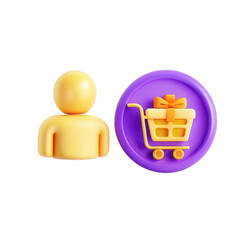 Poster - A 3D-rendered yellow character next to a purple shopping cart icon with a gift. Represents shopping and gifting.