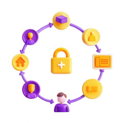 Aufkleber - This image features a colorful 3D illustration depicting a security concept with nodes connected by arrows and a padlock icon at the center.