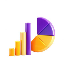 Aufkleber - A vibrant 3D model showcasing a bar graph and pie chart in bright purple and yellow hues, ideal for presentations or educational purposes.