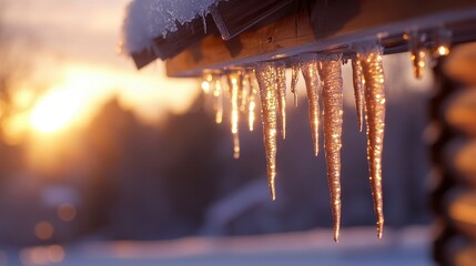 Wall Mural - Icicles hanging from a wooden eave, reflecting the warm glow of sunset against a snowy backdrop.