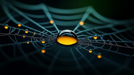 Dewdrop on Spiderweb: A single, luminous dewdrop glistens at the center of a spiderweb, capturing the intricate beauty of nature's delicate design.