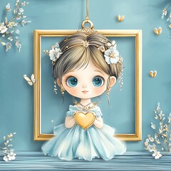 Canvas Print - Cute Cartoon Girl Holding a Golden Heart in a Frame.