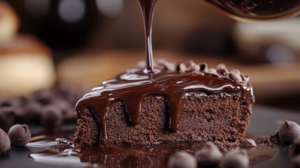 Poster - A close-up of a rich chocolate sauce being poured over a slice of cake, capturing the indulgence and decadence of desserts, perfect for sweet-tooth lovers.