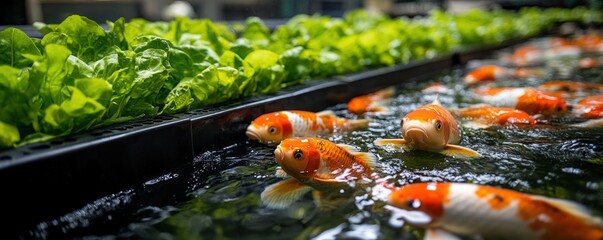 Vibrant orange and white koi fish swim in a pond alongside a row of fresh green lettuce.