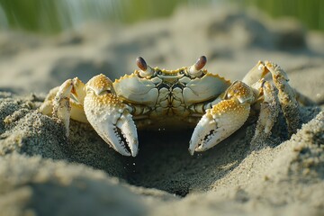 Wall Mural - Close-up of a Crab Emerging from Sand on a Beach