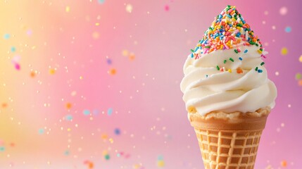 Sticker - Vanilla ice cream cone with colorful sprinkles on pink background.