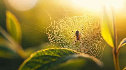 a close-up of a small spider spinning its web between two leaves, the intricate details of the web v