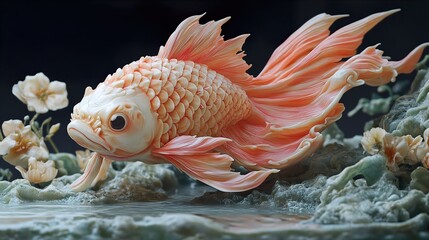 Wall Mural - Close-up of a Goldfish in Water with Flowers