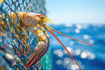 Close-up of a Lobster Caught in a Fishing Net with a Blurred Ocean Background