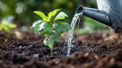 Aufkleber - A close-up of a tree sapling being watered with a can, surrounded by fresh soil and mulch, symbolizing the care and nurturing needed for new growth.